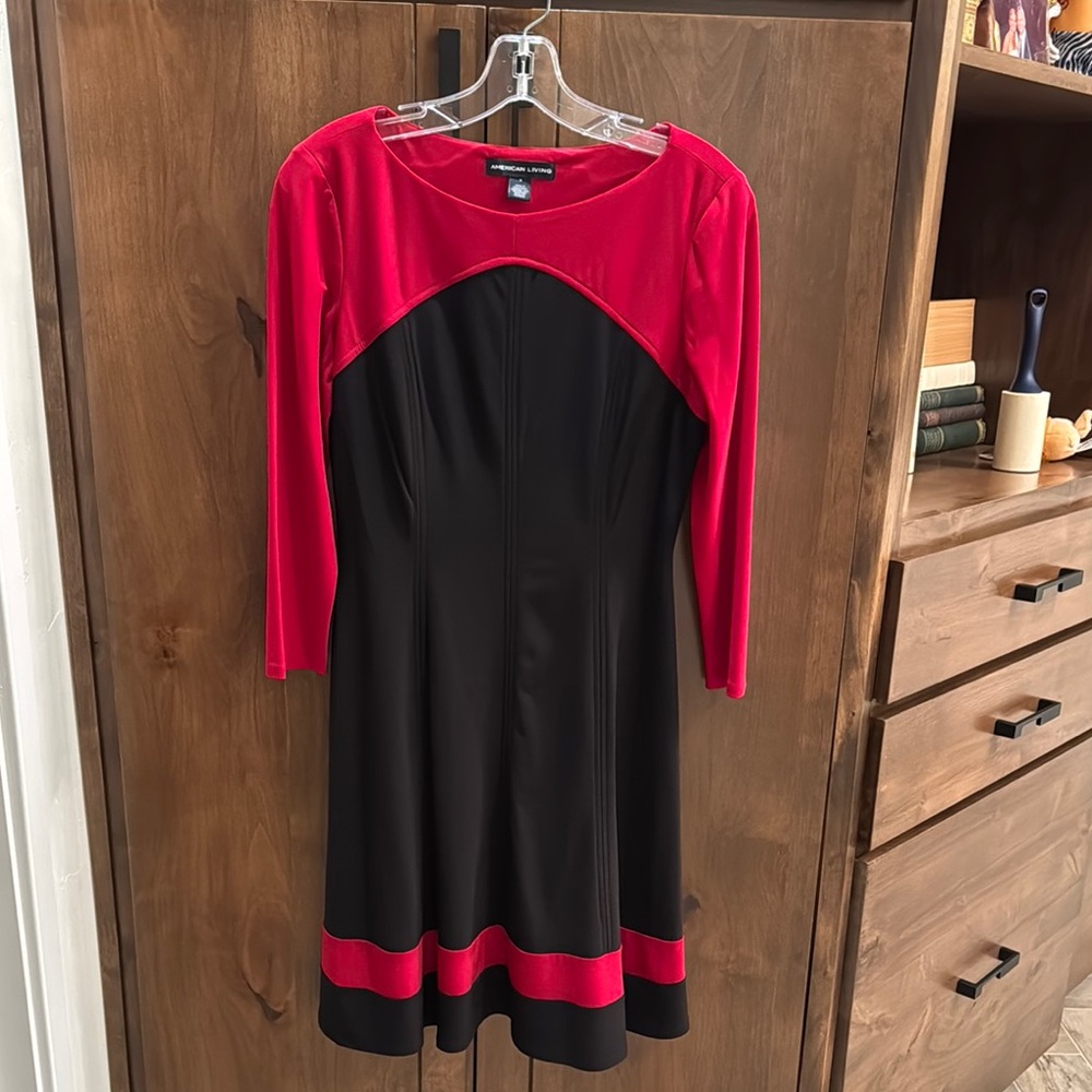American Living Red and Black Fit and Flare Dress with Raglan Sleeves